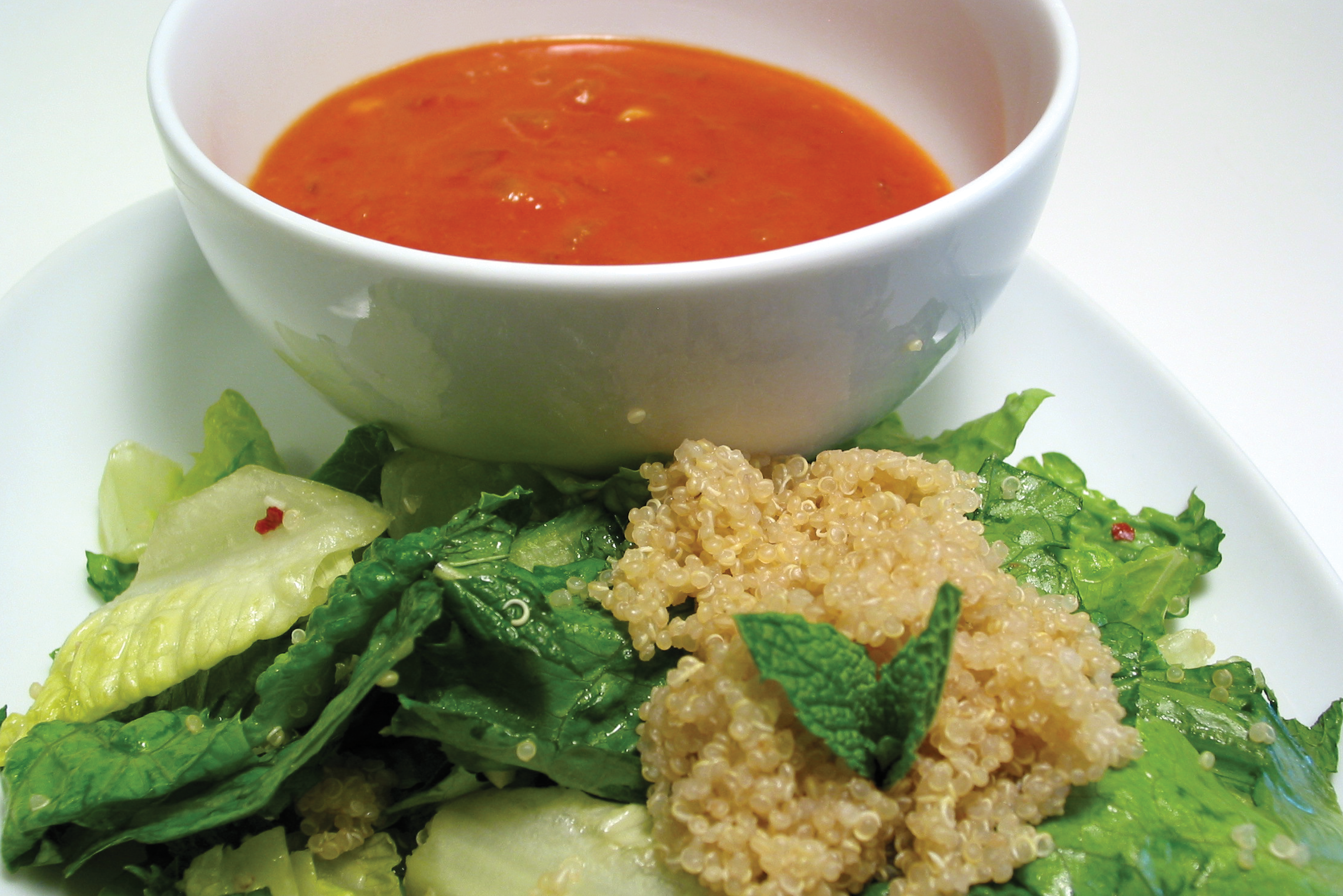 Romaine quinoa mint salad and tomato soup recipe for people with pulmonary arterial hypertension.